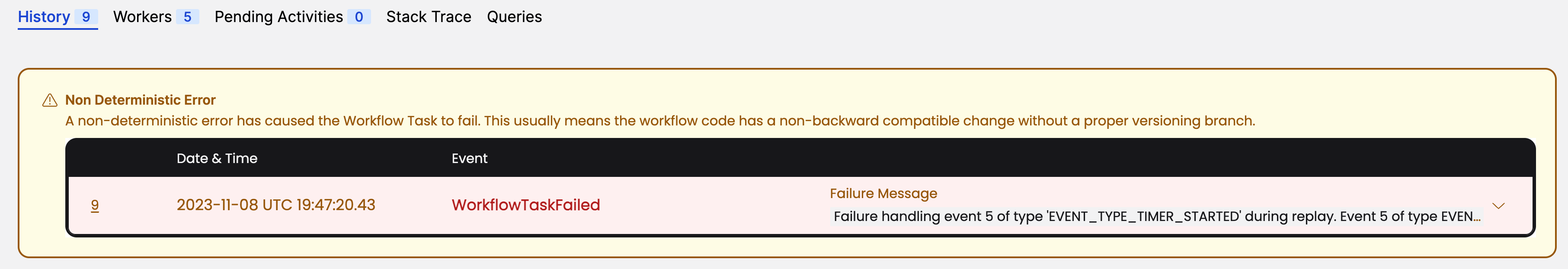 Web UI view of a non-determinism error